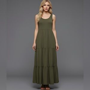 Ruffle Hem Smock Maxi Dress Army Green